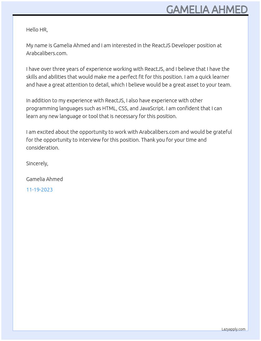 reactjs developer At arabcalibers.com Cover Letter