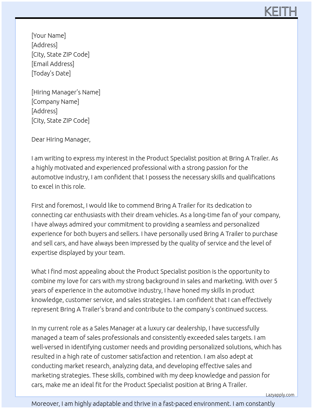 Product specialist At Bring A Trailer Cover Letter