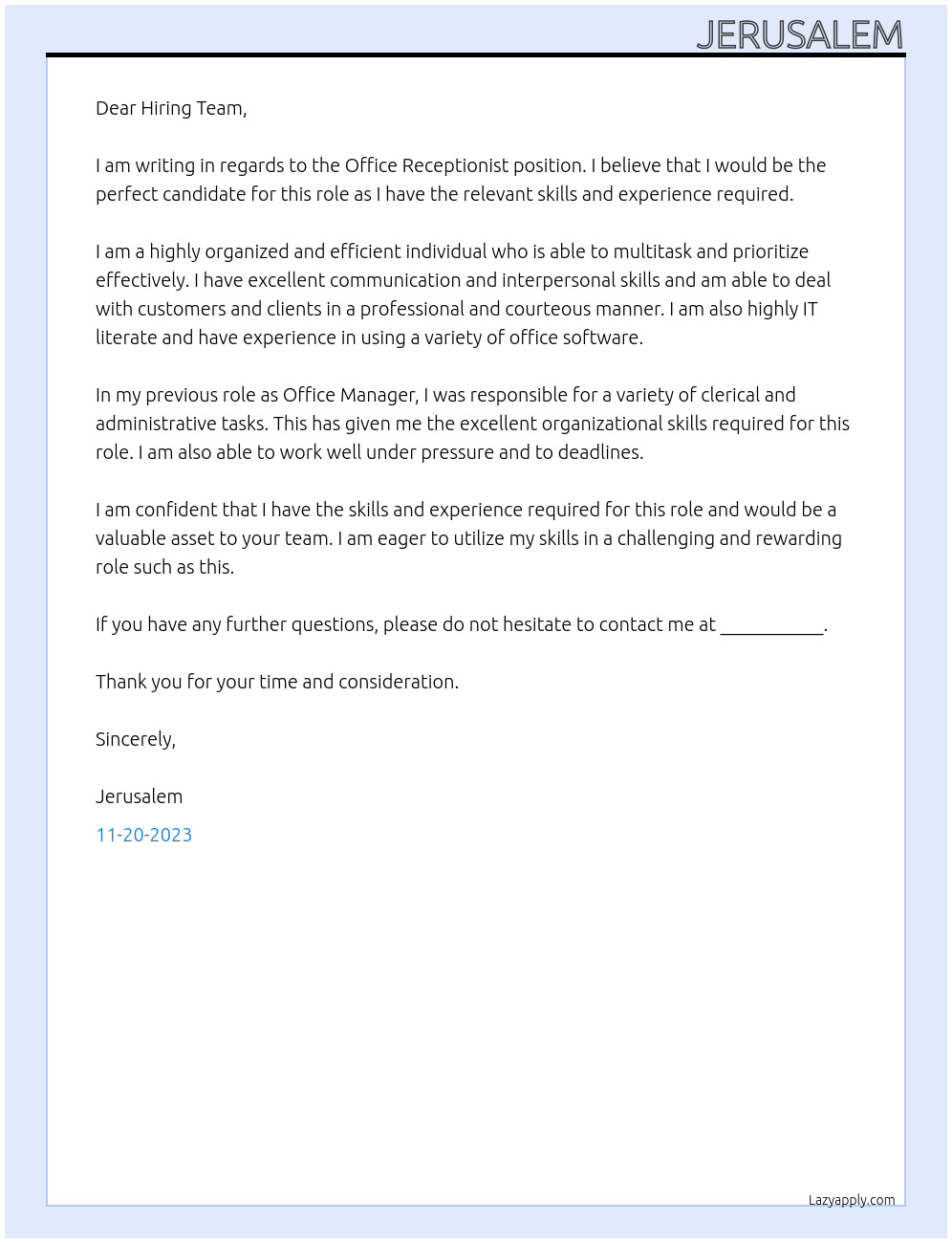 Office Receptionist At none Cover Letter