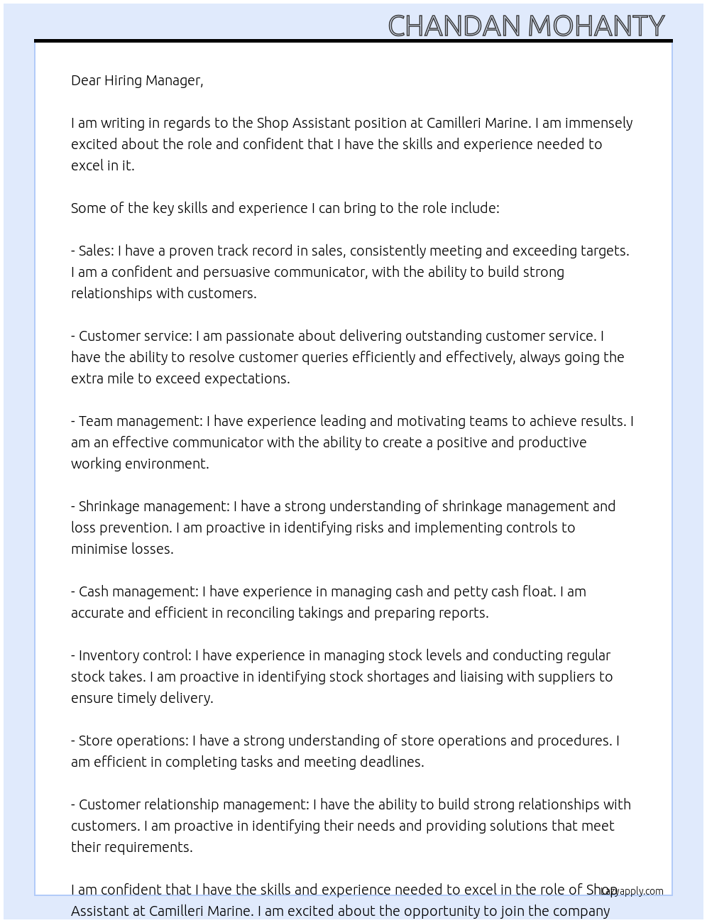 Shop Assistant At Camilleri Marine Cover Letter