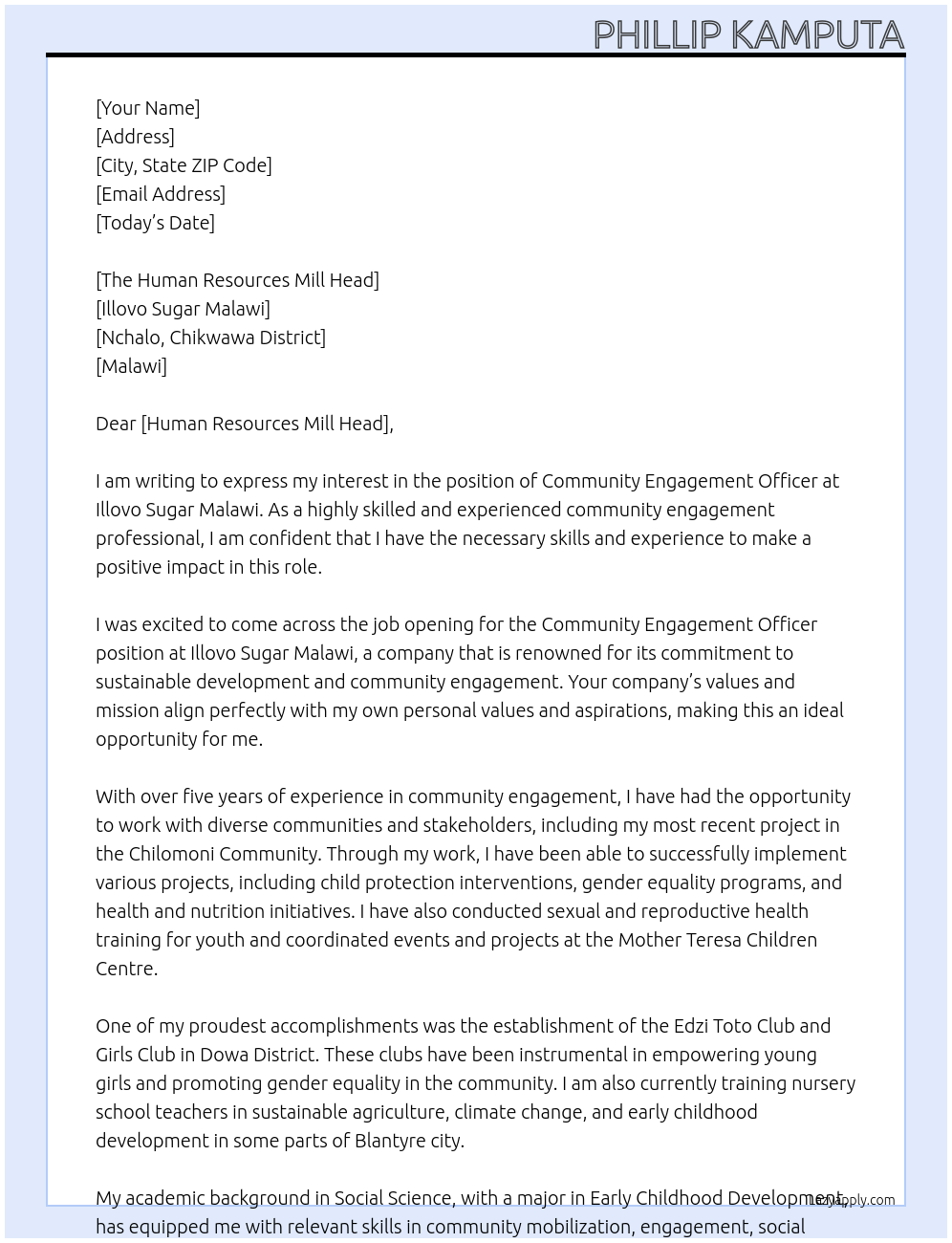 COMMUNITY ENGAGEMENT OFFICER At ILLOVO SUGAR MALAWI Cover Letter