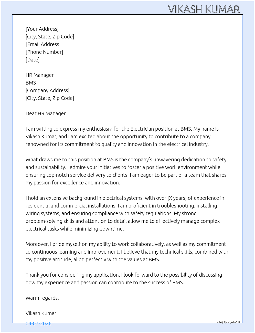 Electrician  At BMS Cover Letter
