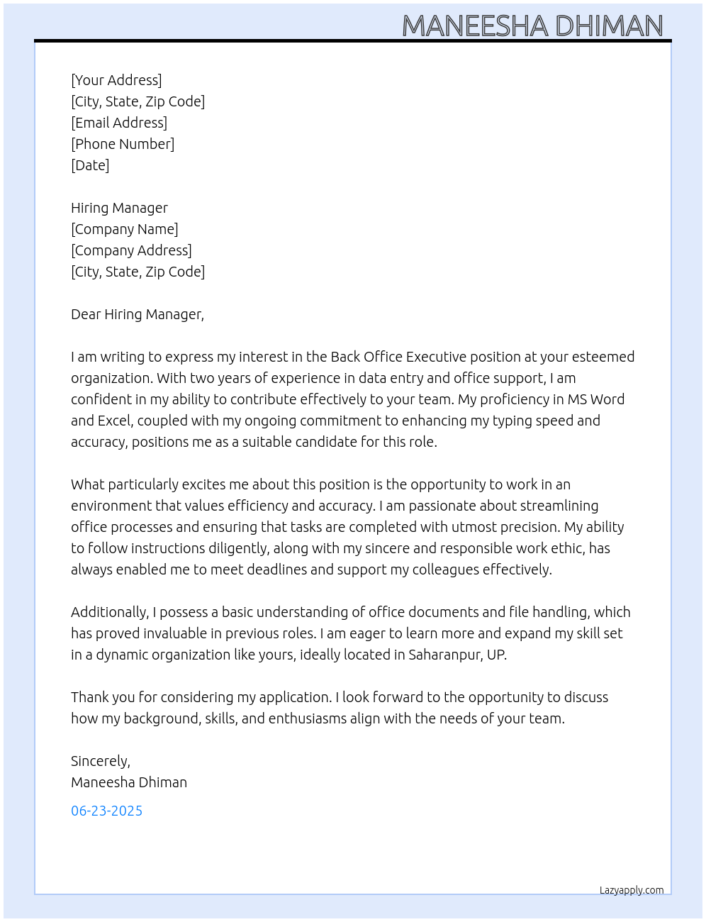 Back office executive At your esteemed organization. Cover Letter