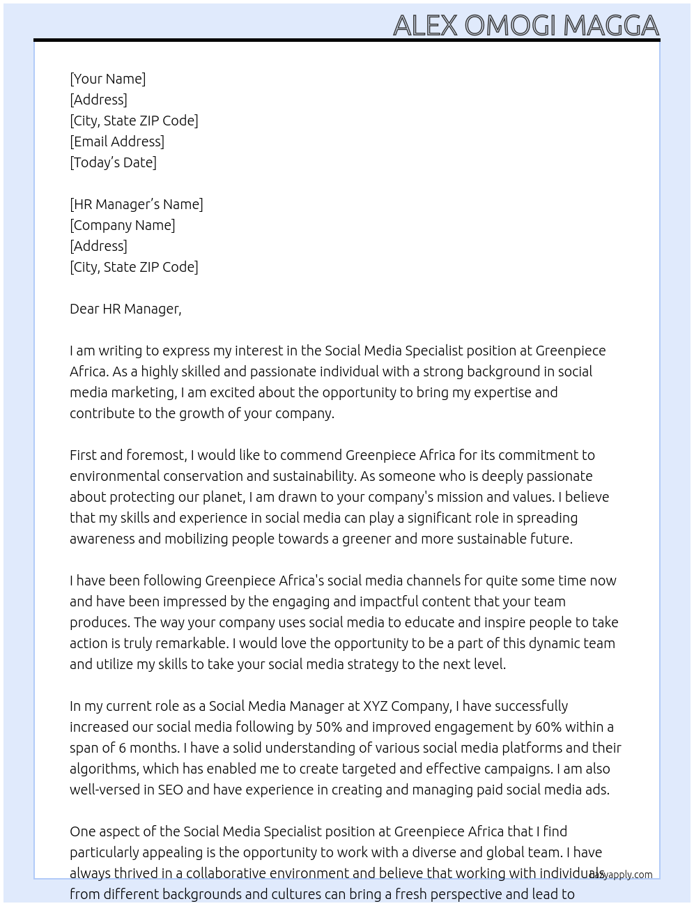 Social Media Specialist At Greenpiece Africa Cover Letter