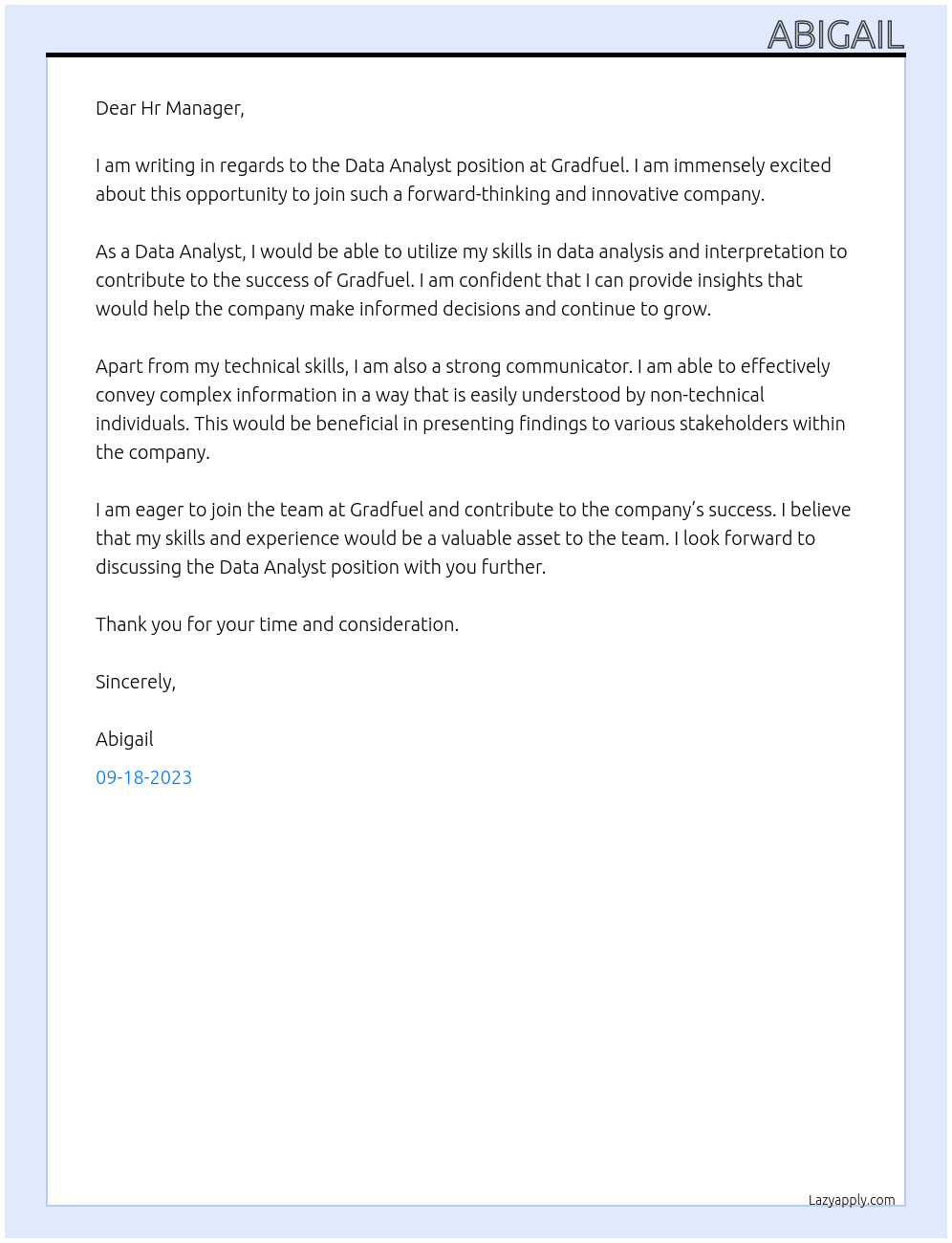 Data Analyst At Gradfuel Cover Letter