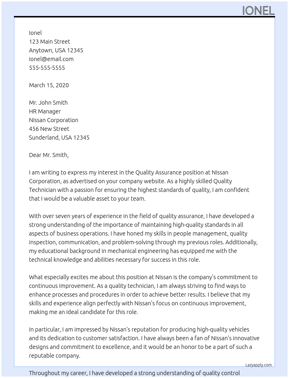 quality assurance  At nissan Cover Letter