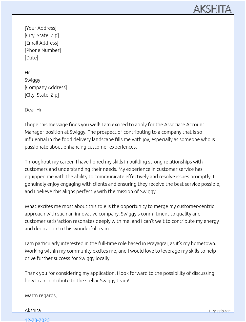 Associate account manager At Swiggy  Cover Letter