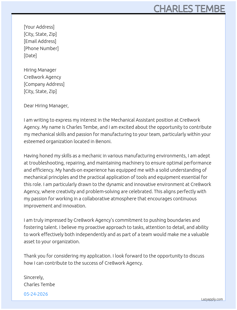 Mechanical assistance  At Cre8work Agency  Cover Letter