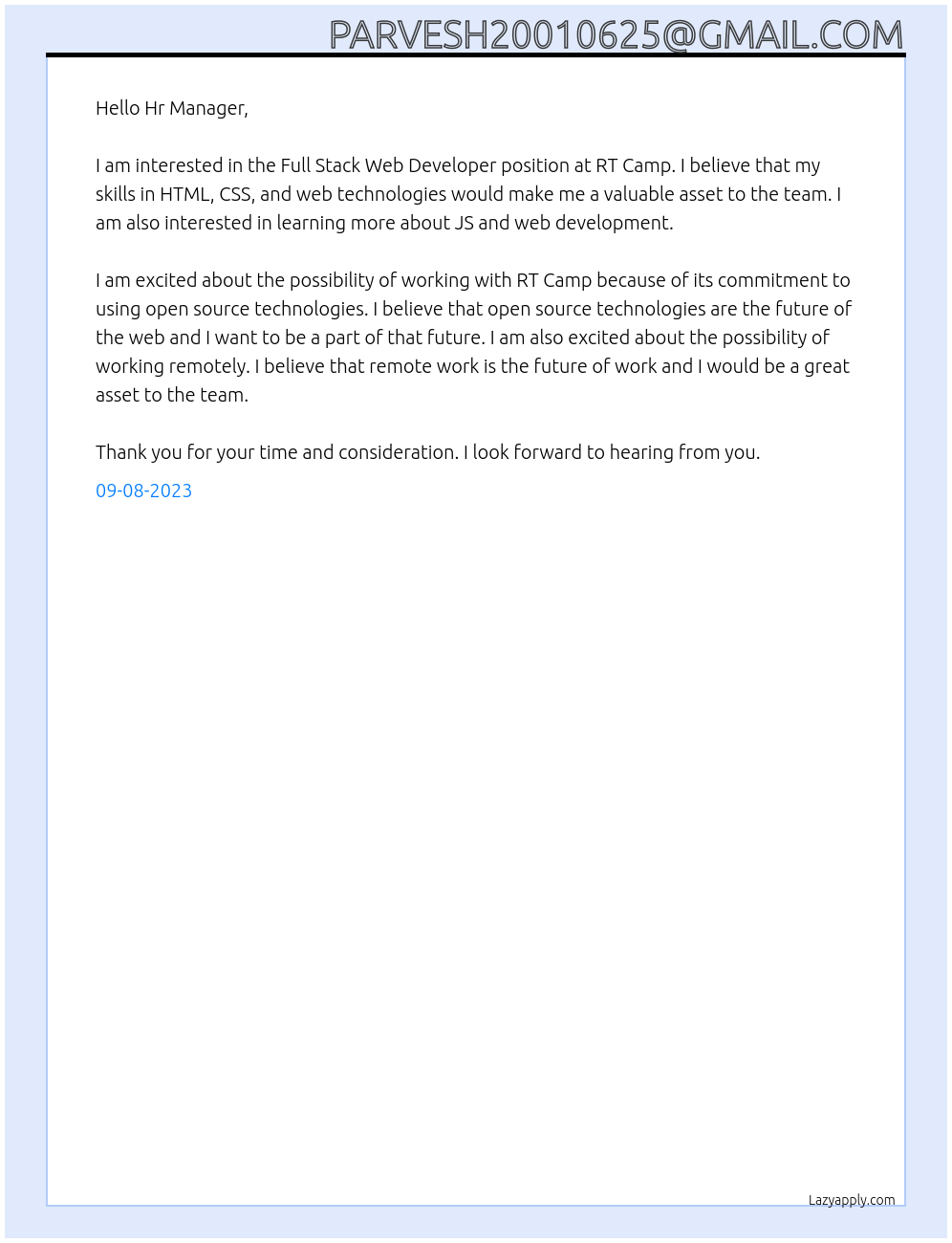 Full Stack Web Developer At RT Camp Cover Letter