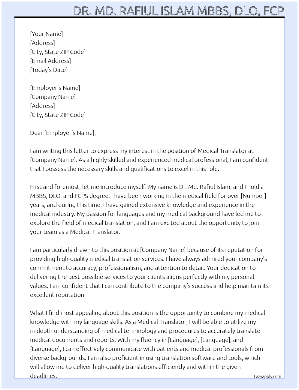 Medical Translator  At Medical Translator  Cover Letter