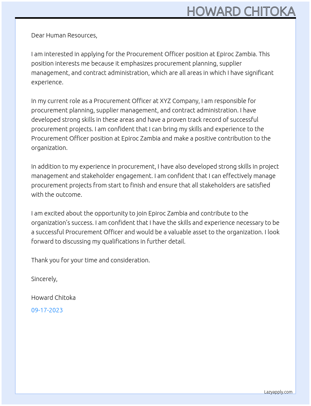 Procurement officer At Epiroc zambia Cover Letter