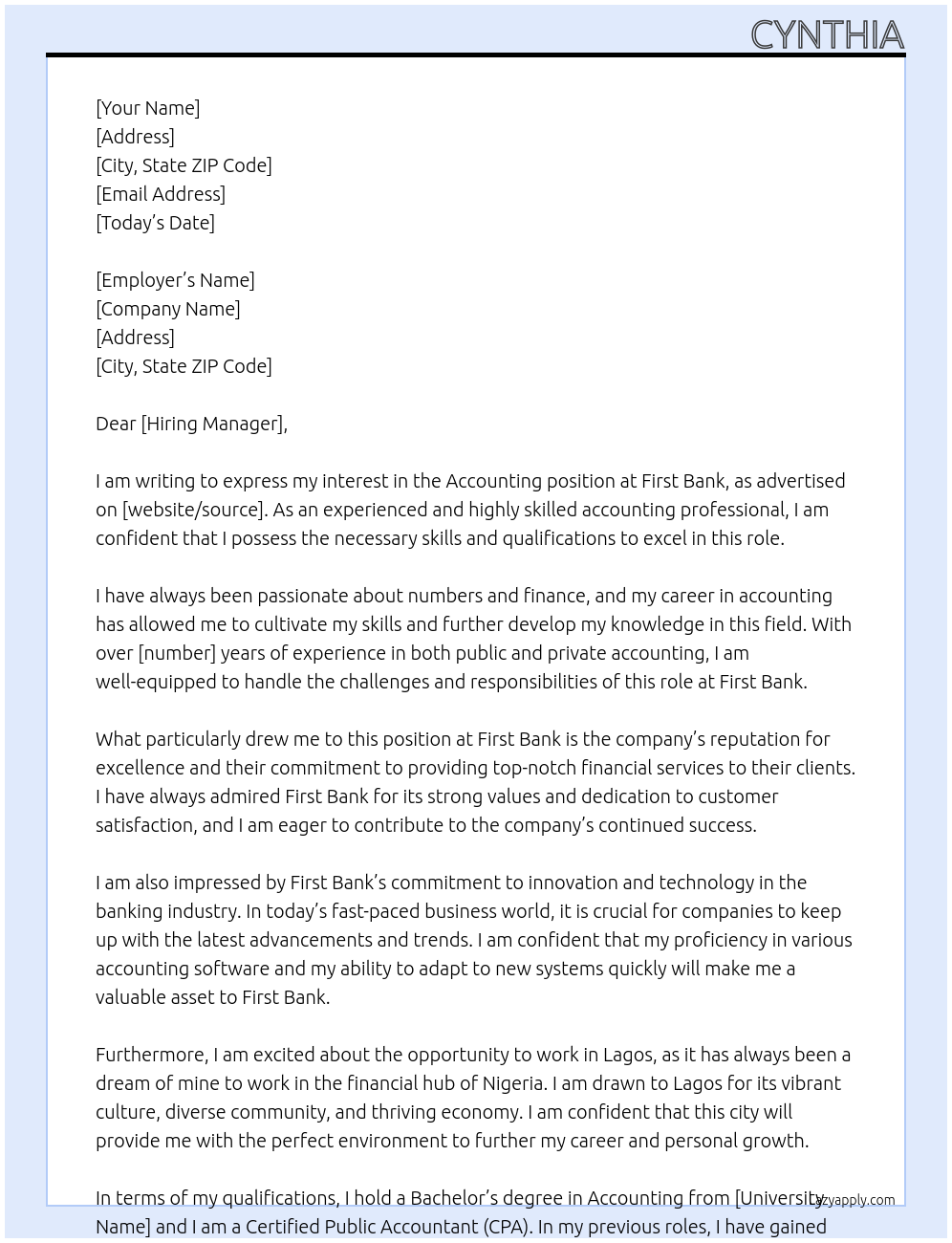 Accounting At First bank Cover Letter