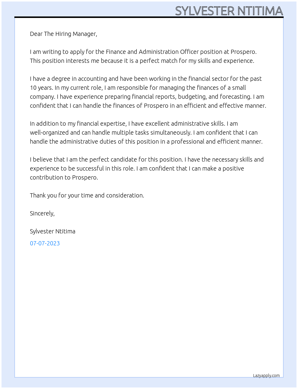 Finance and Administration Officer  At Prospero Cover Letter