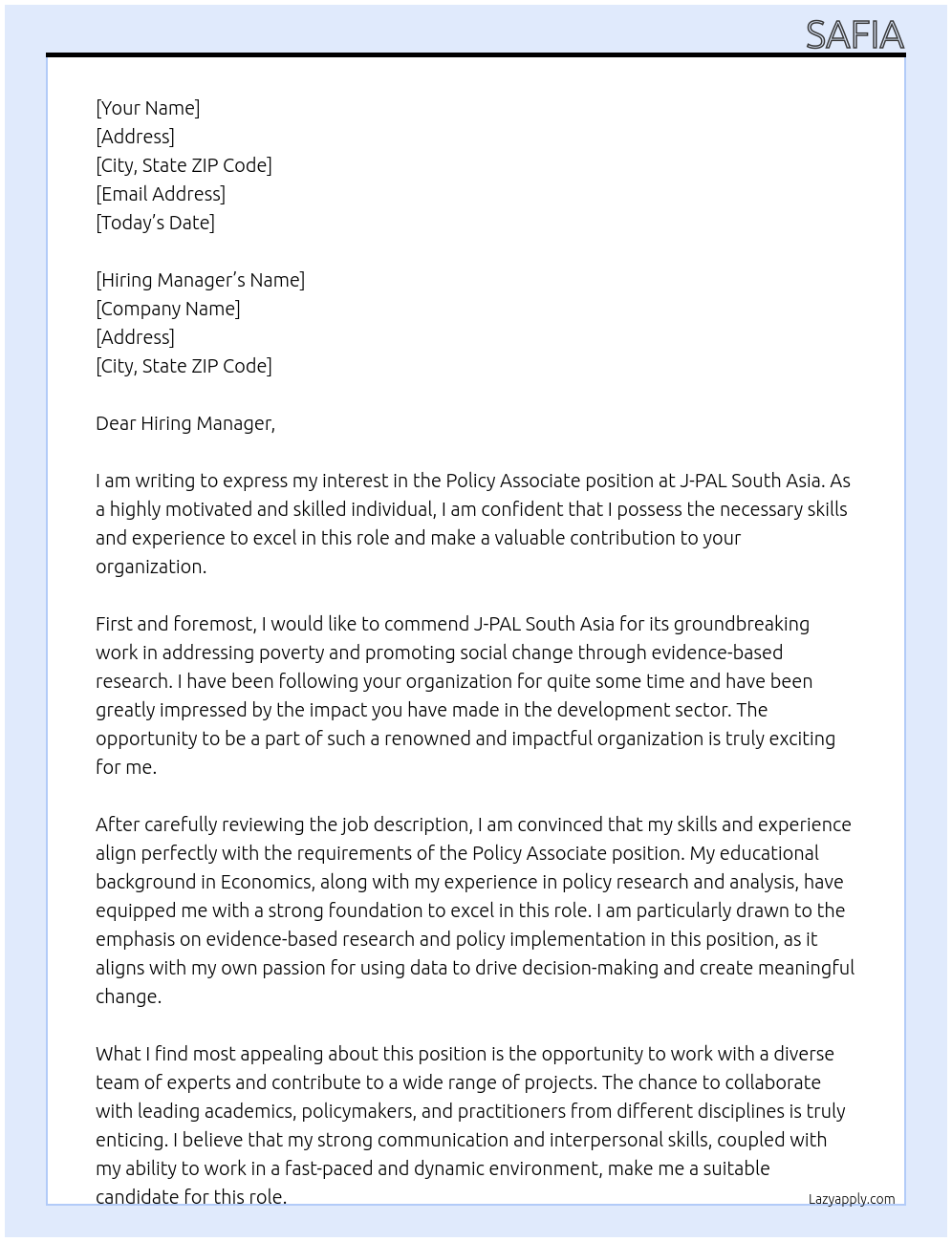 Policy associate At J-PAL South Asia Cover Letter