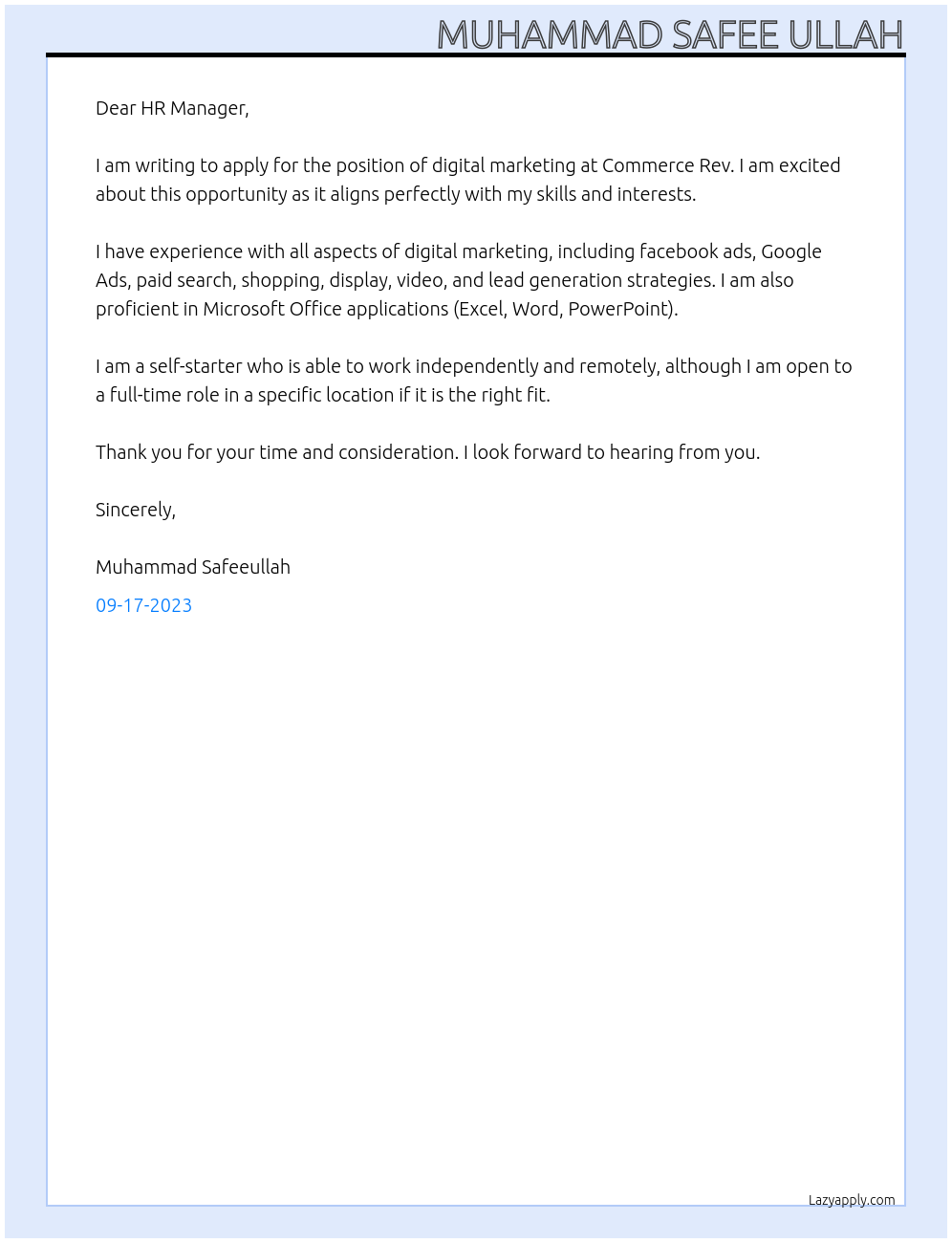 digital marketing At Commerce Rev Cover Letter