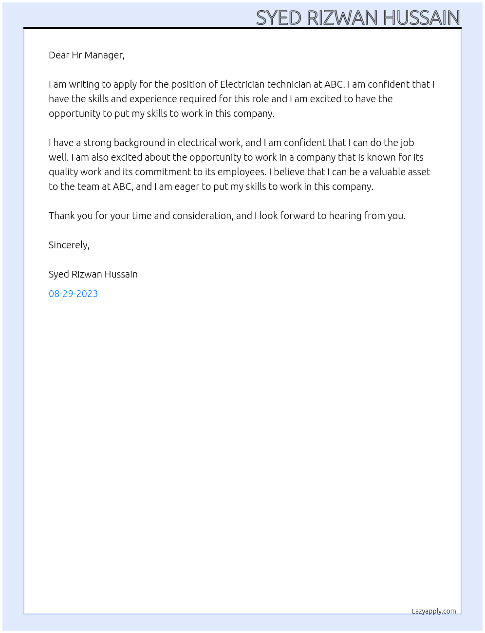 Electrician technician  At ABC  Cover Letter