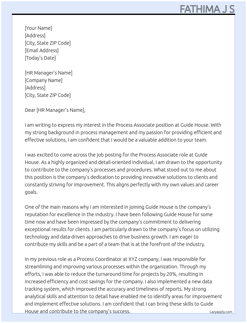 Process associate At Guide house Cover Letter