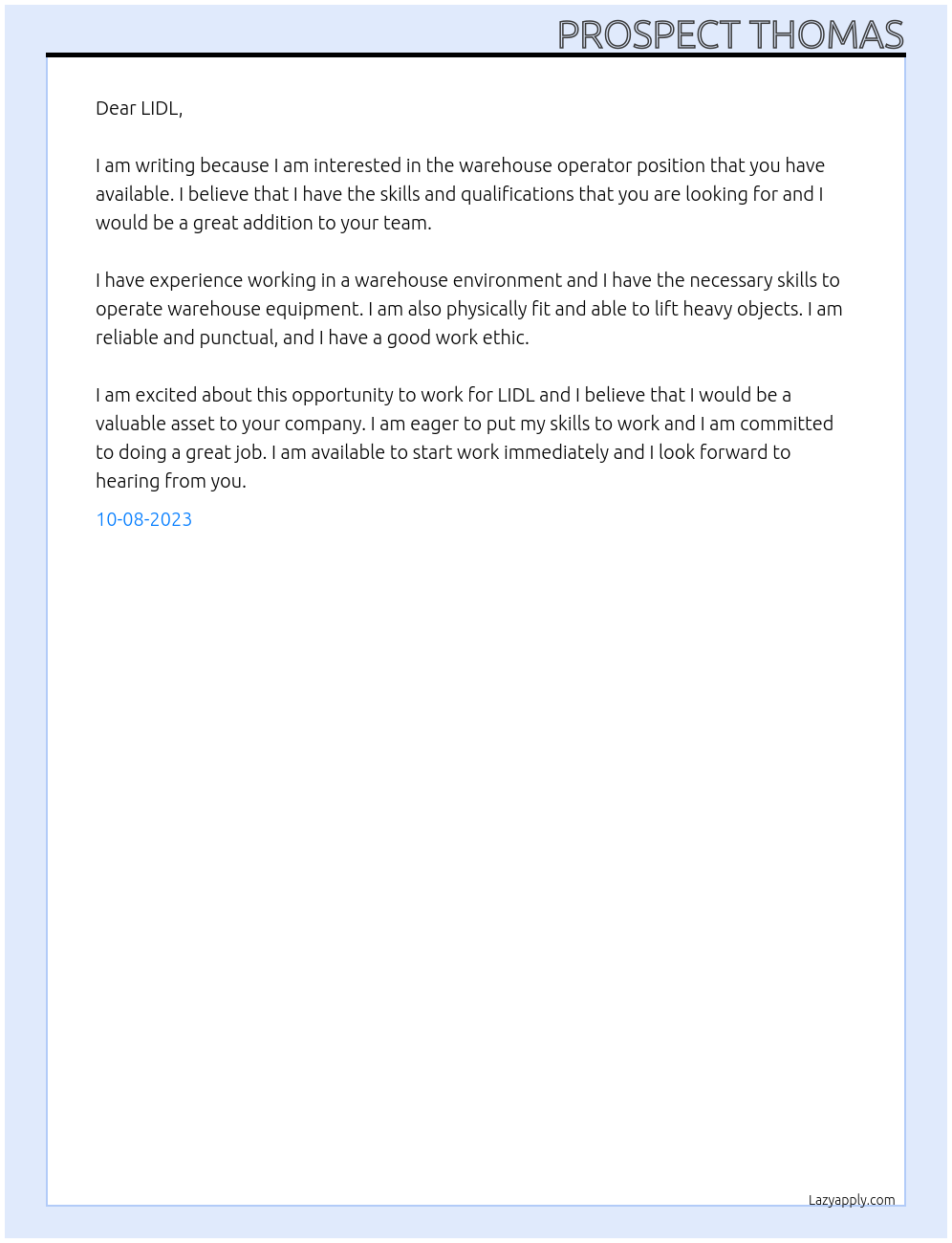 Warehouse operator At LIDL Cover Letter