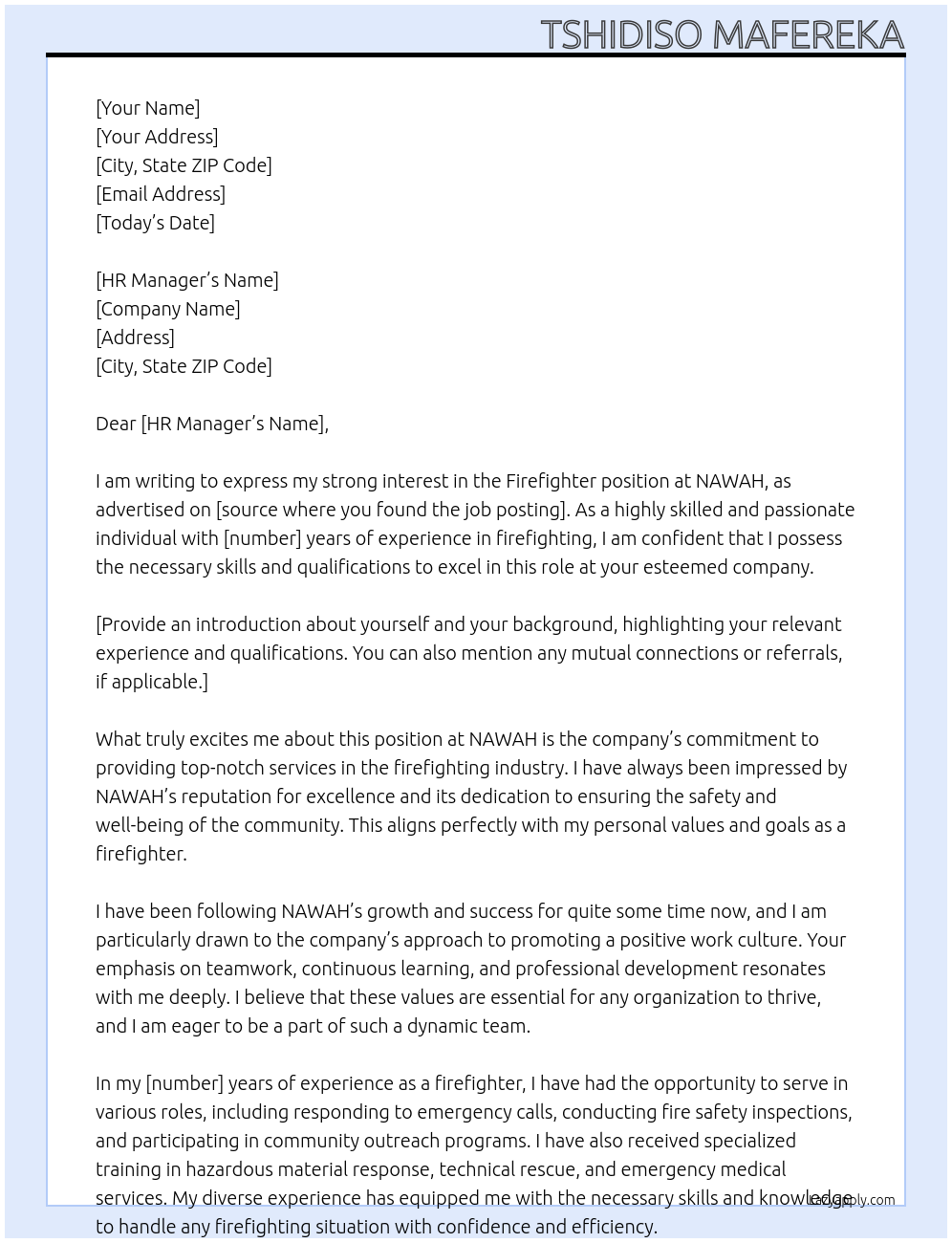 Firefighter At NAWAH Cover Letter