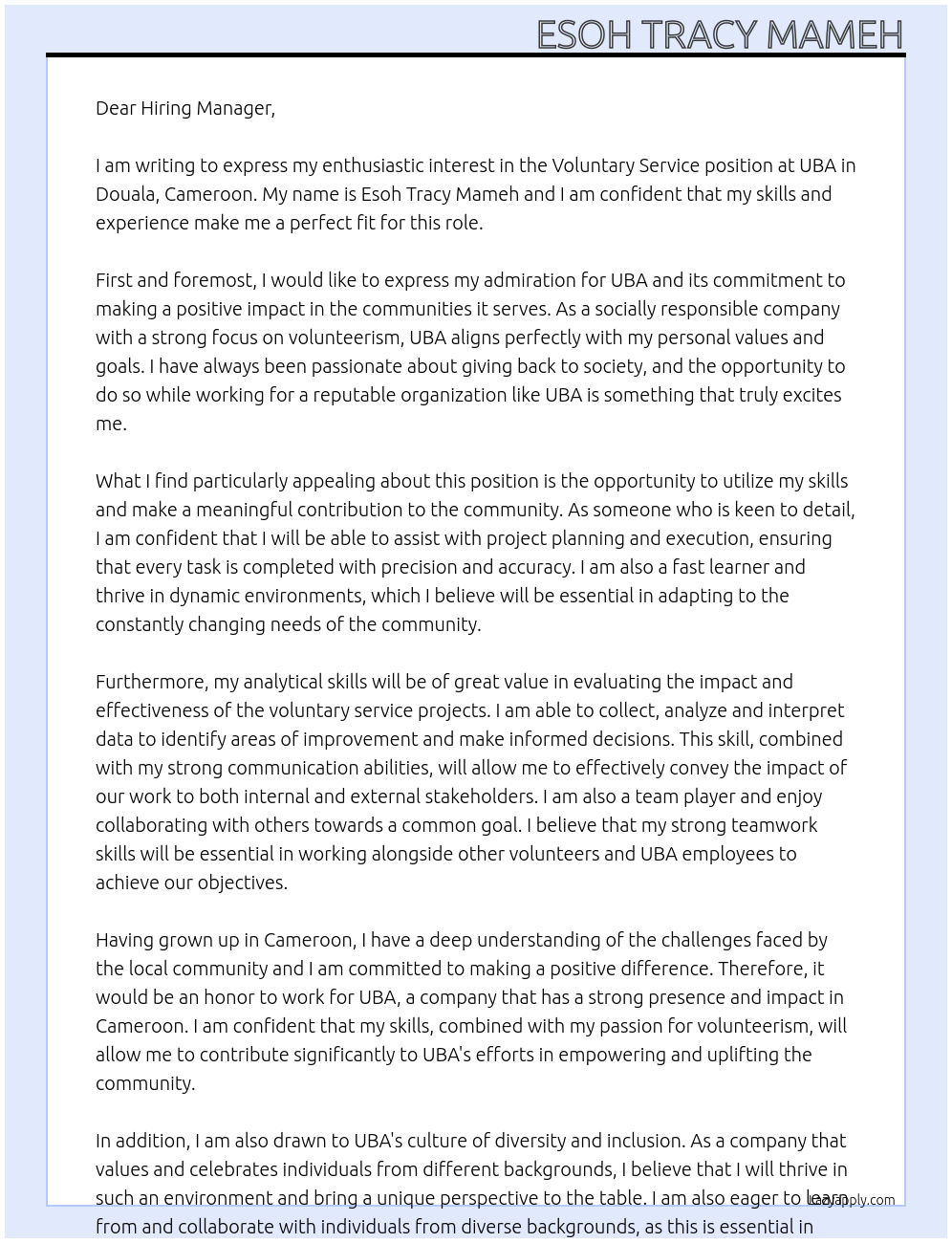 Voluntary Service At UBA  Cover Letter