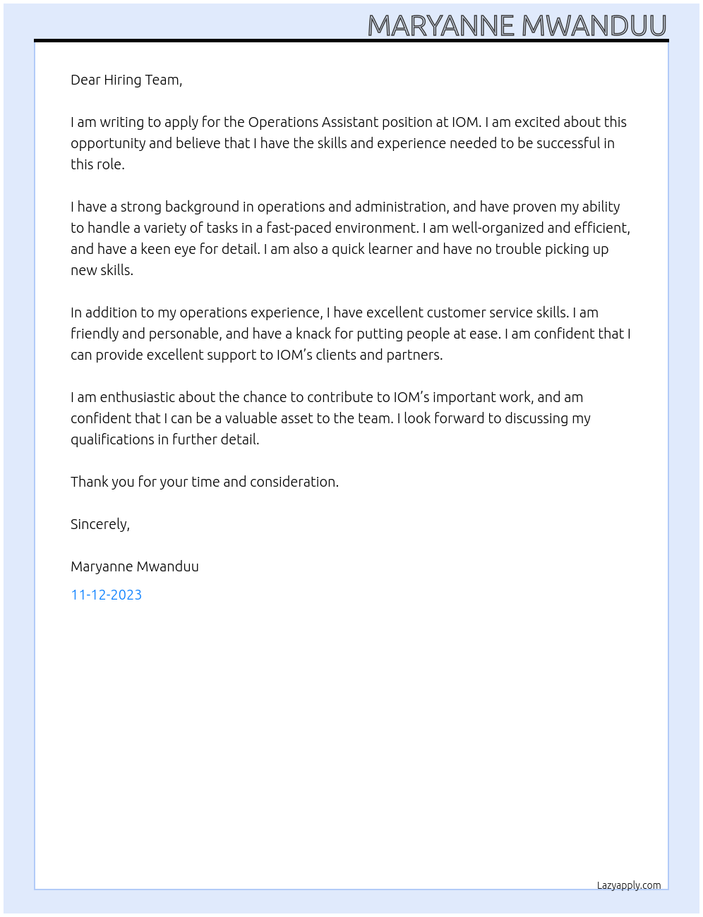 Operations Assistant At IOM Cover Letter