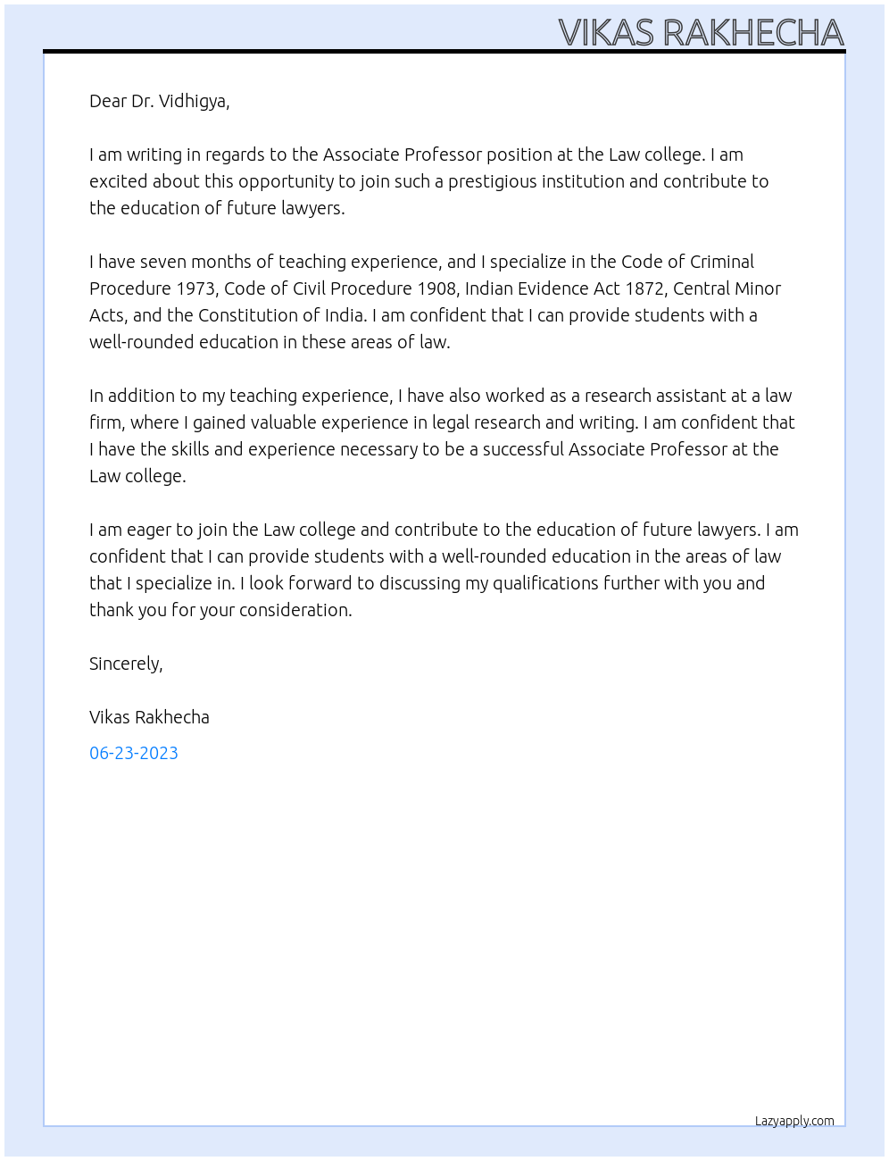 Associate professor At Law college Cover Letter