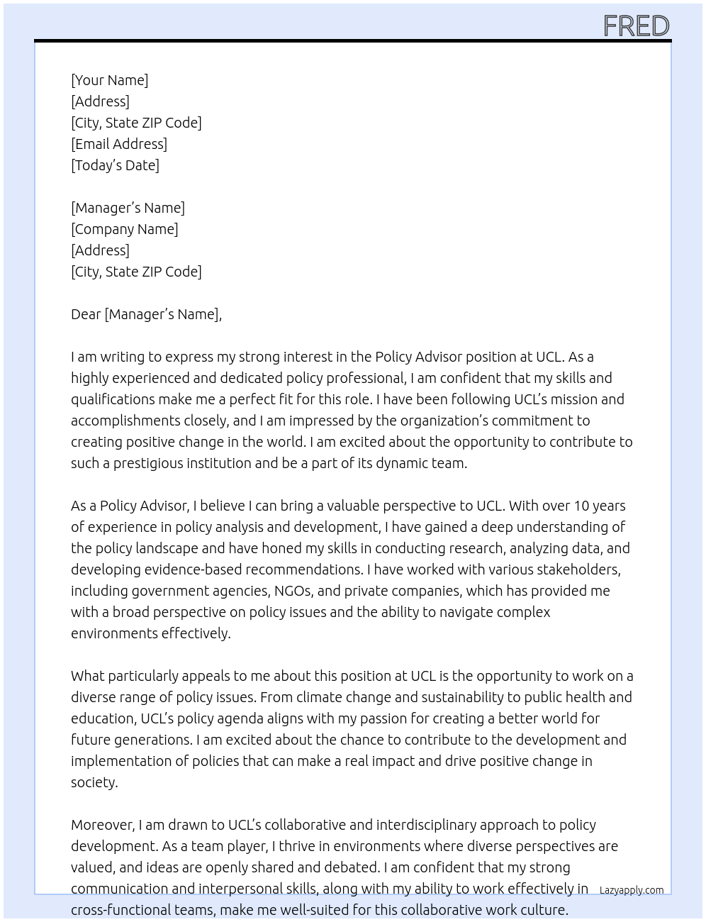 Cover letter for policy advisor - LazyApply
