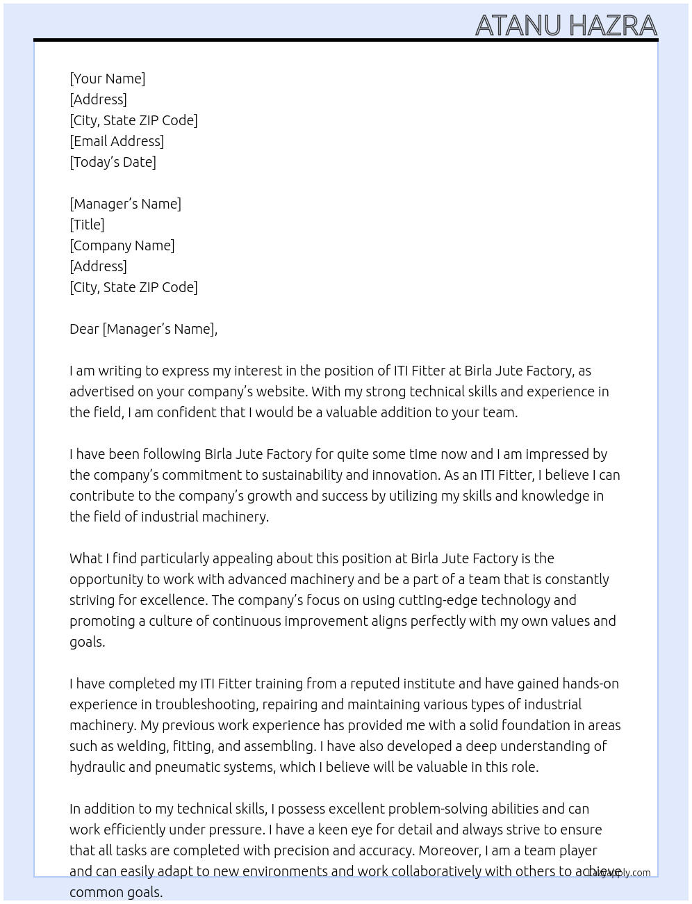 ITI FITTER At BIRLA JUTE FACTORY Cover Letter