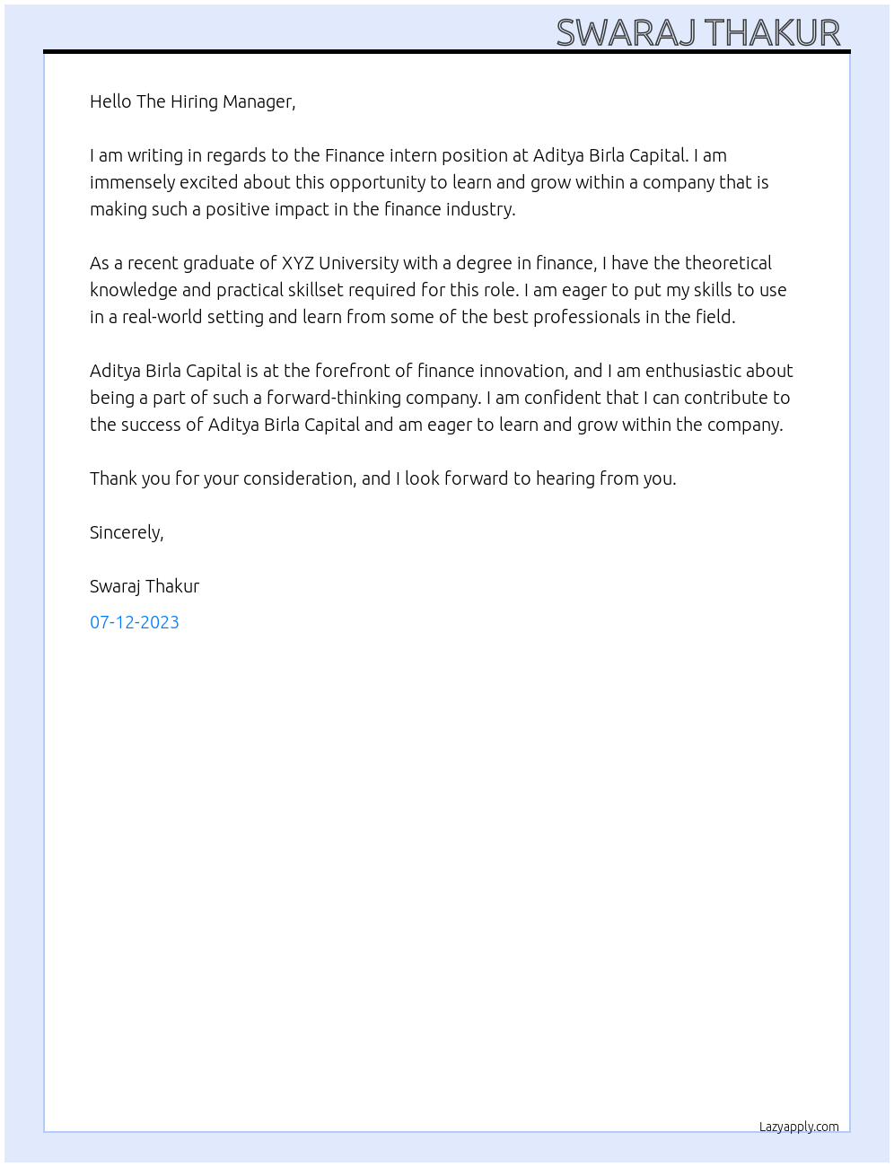 Finance intern At Aditya Birla Capital Cover Letter