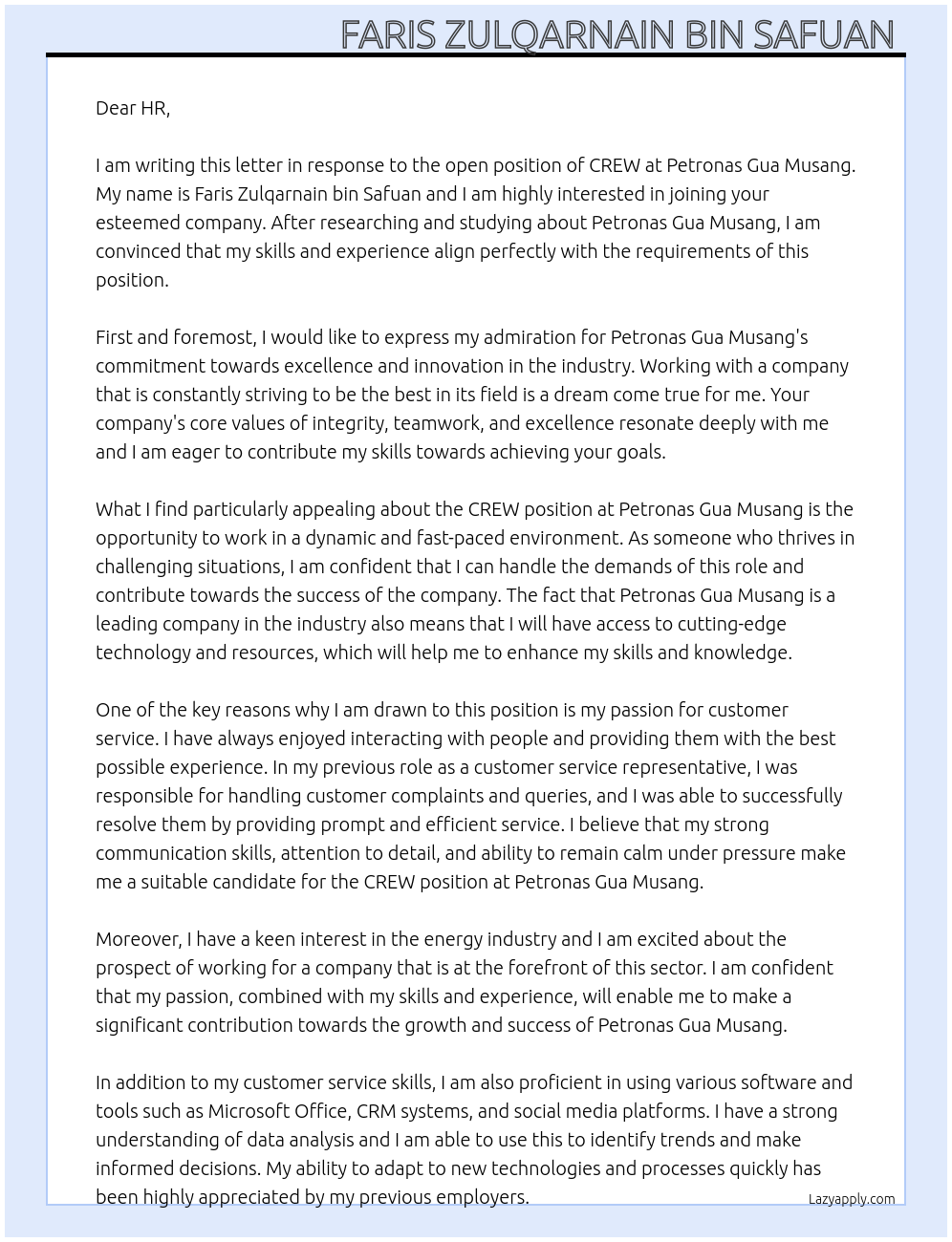 CREW At petronas gua musang Cover Letter