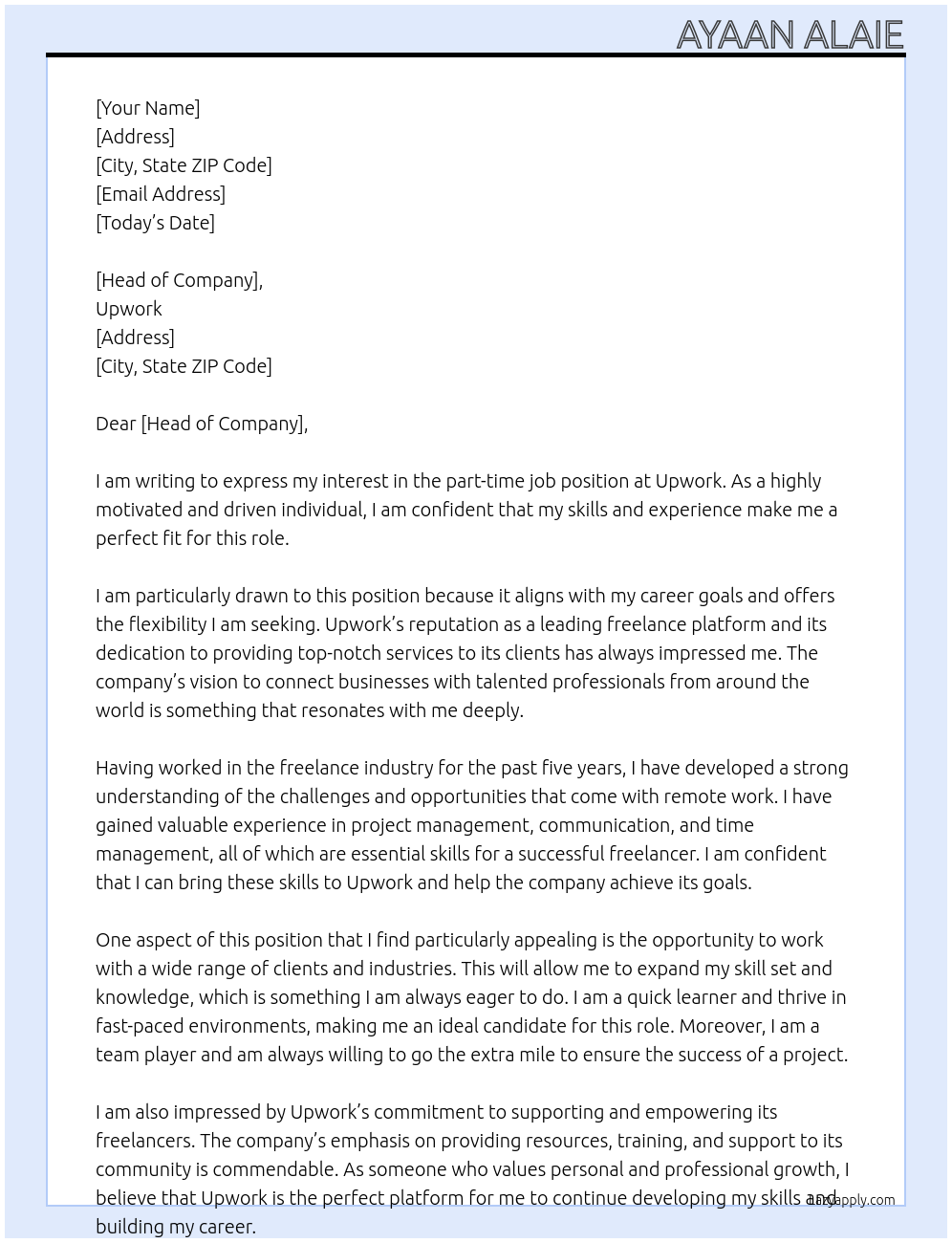 Part time job At Upwork Cover Letter
