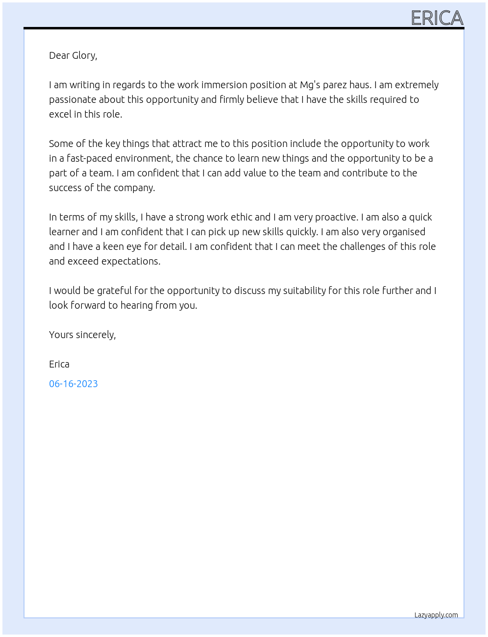 Work immersion At Mg's parez haus Cover Letter