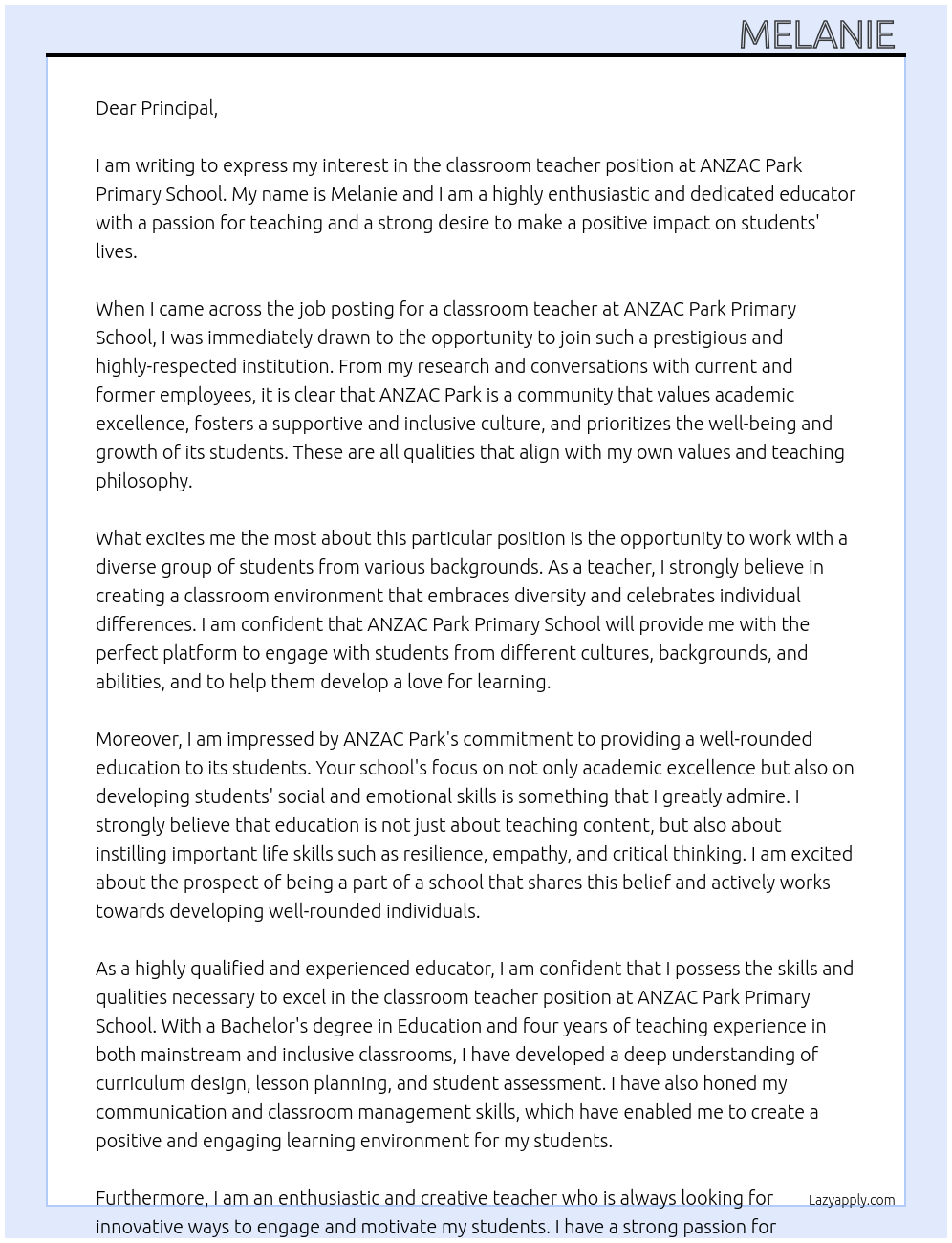 classroom teacher At ANZAC Park Primary School Cover Letter