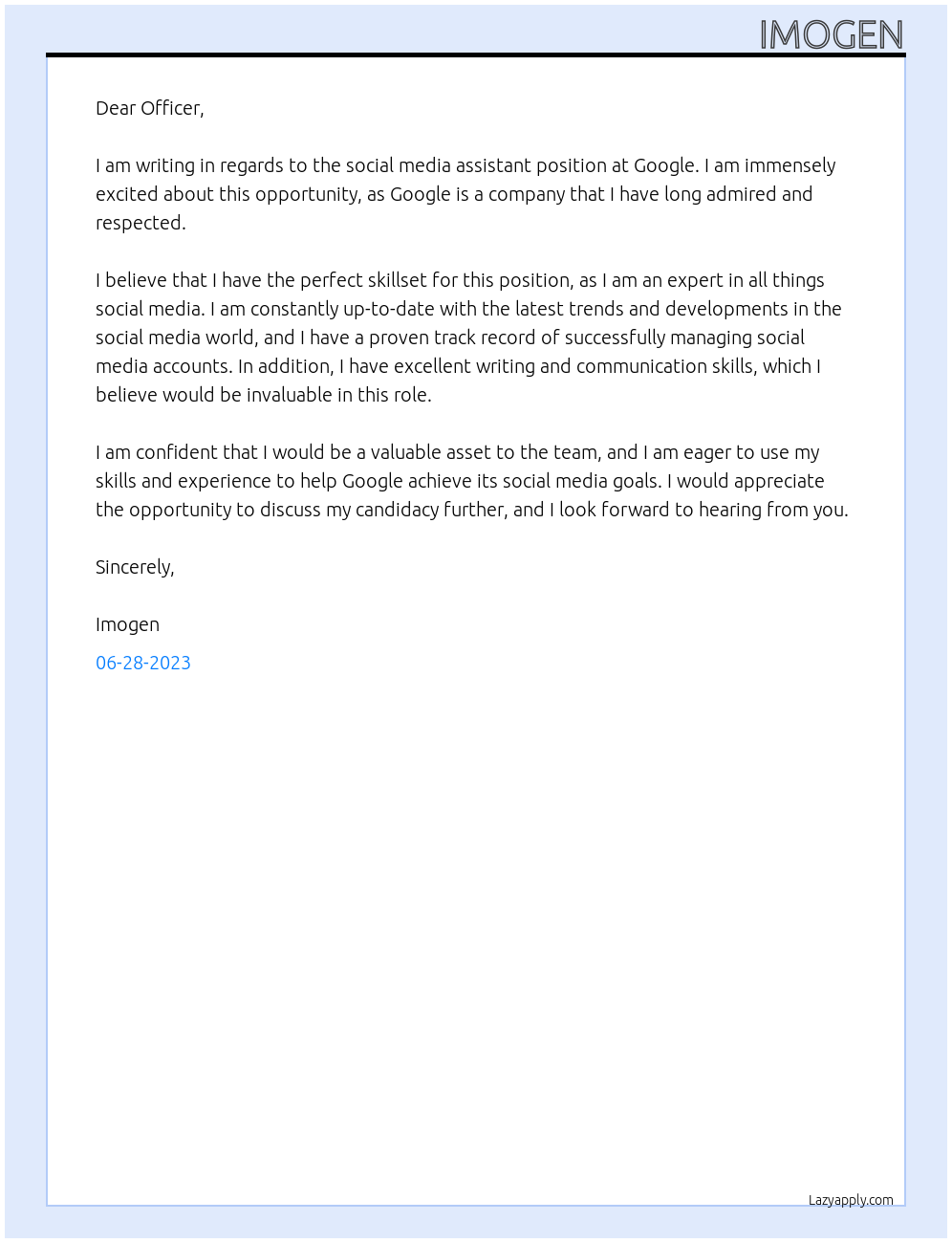 Social media assistant At Google Cover Letter