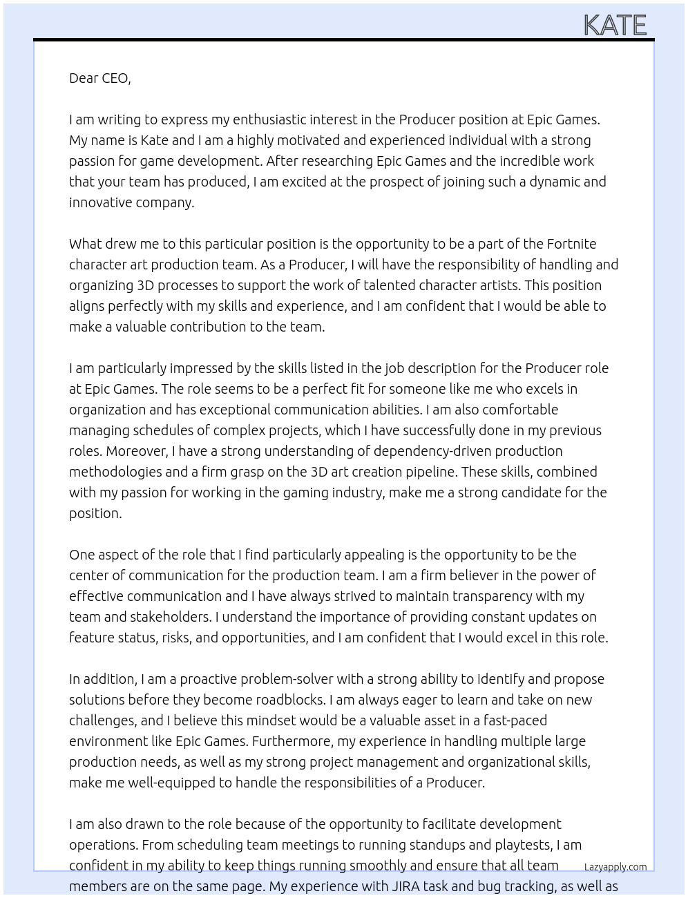 Producer At Epic games  Cover Letter