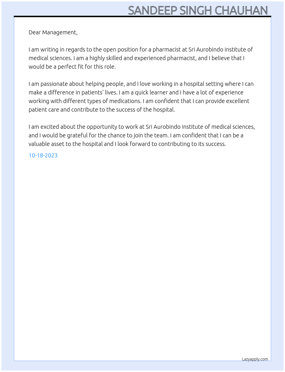 Pharmacist At Sri Aurobindo institute of medical sciences Cover Letter
