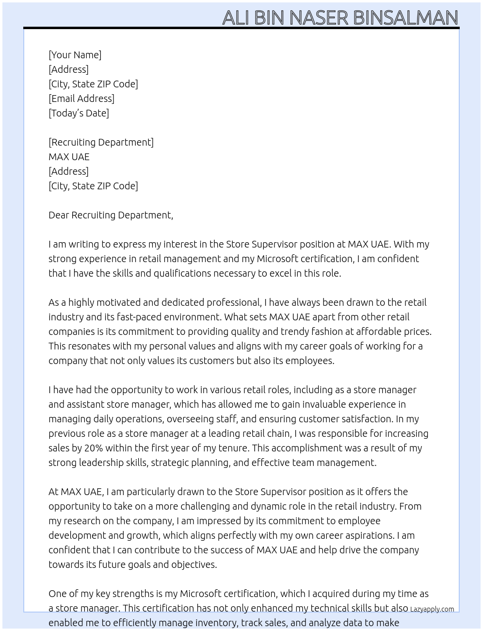 Store Supervisor At MAX UAE Cover Letter