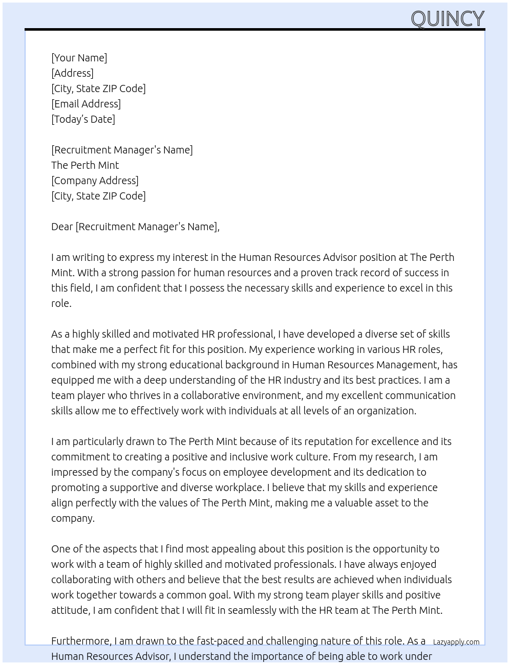 Human resources Advisor  At The Perth Mint Cover Letter