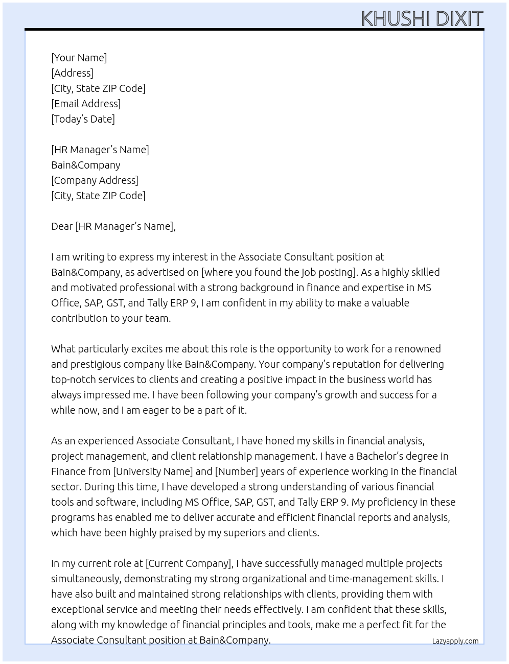 Associate consultant At Bain&Company Cover Letter