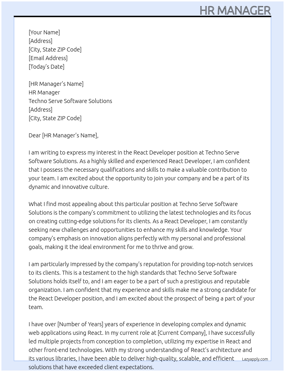 React Developer At Techno Serve Software Solutions Cover Letter