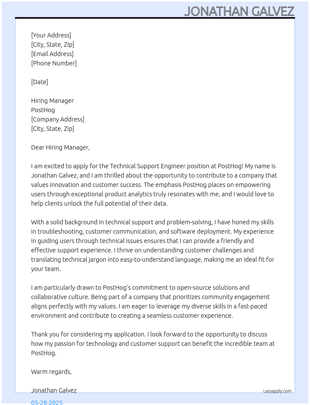 Technical Support Engineer At PostHog Cover Letter
