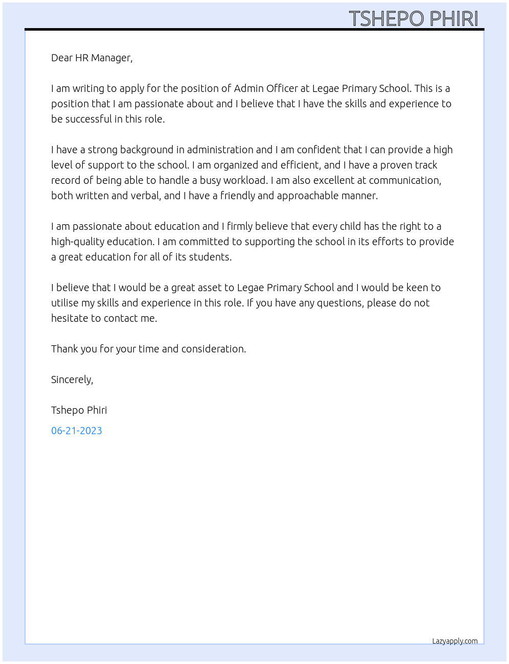 Admin officer At Legae Primary School Cover Letter