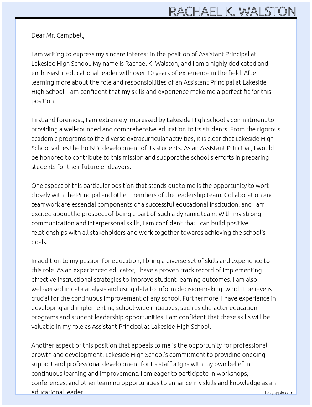 Assistant Principal At Lakeside High School Cover Letter