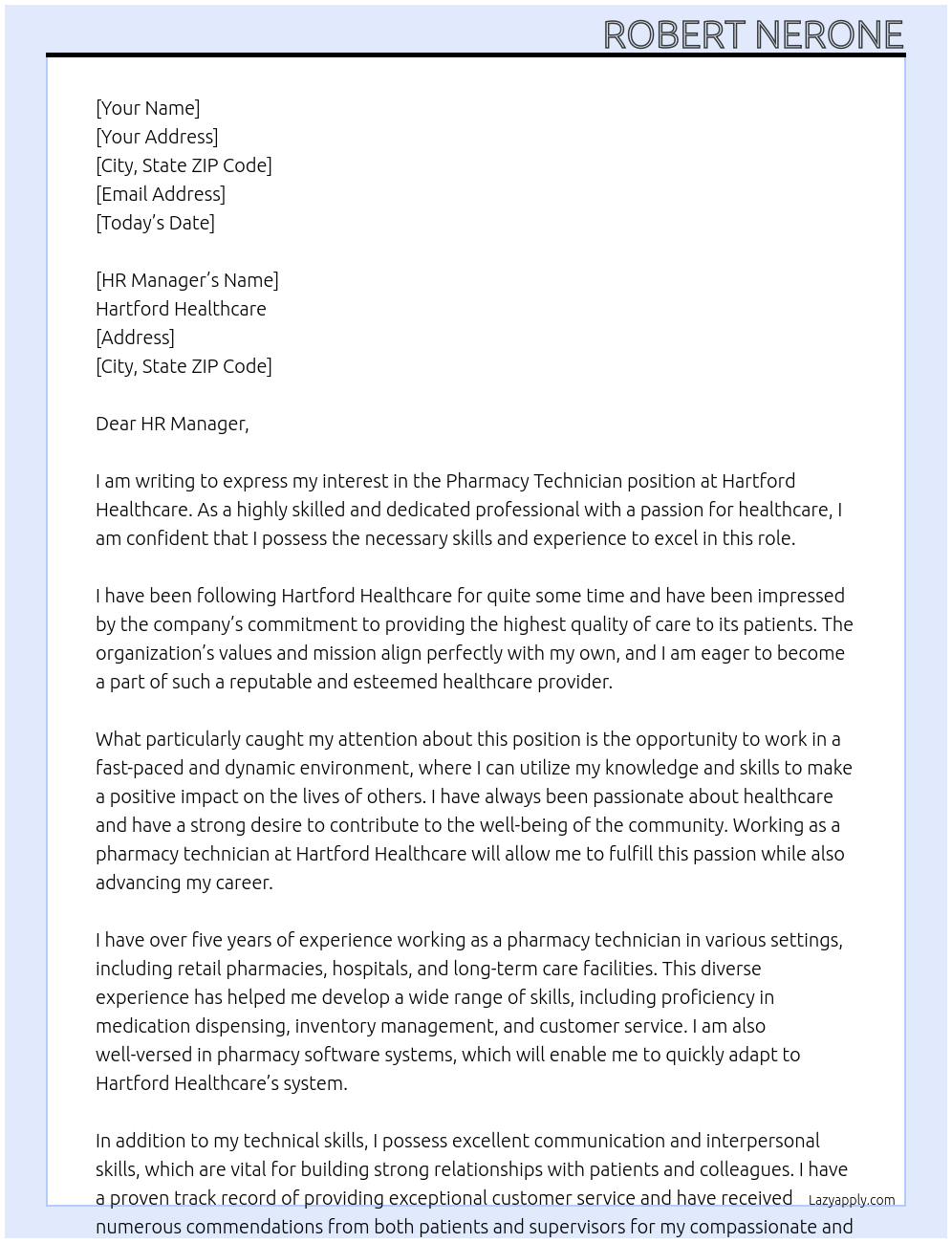 Pharmacy Technician  At Hartford Healthcare  Cover Letter