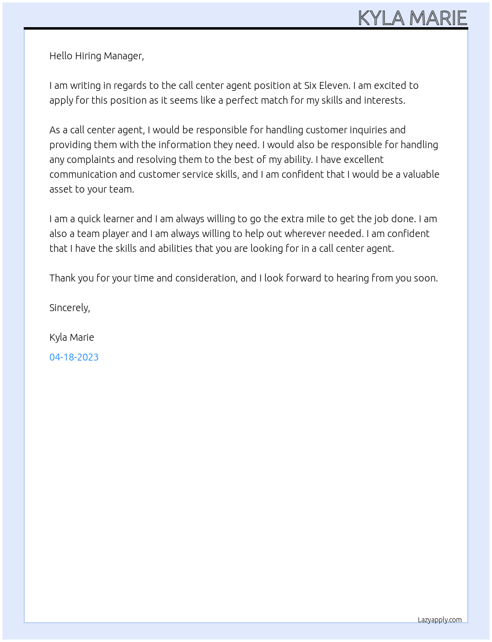 call center agent At six eleven Cover Letter