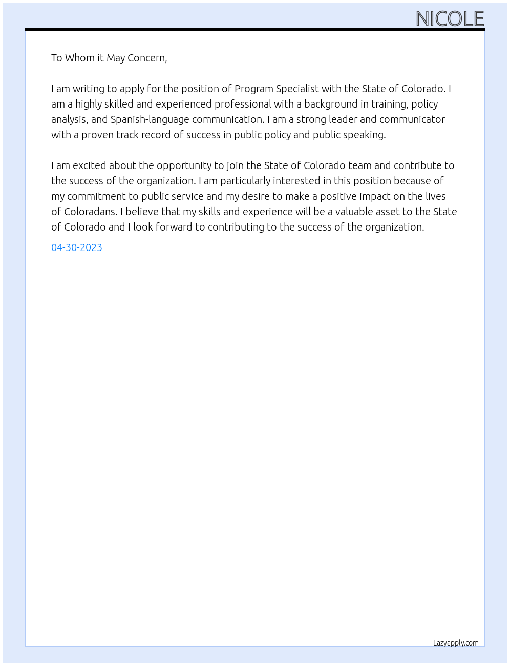 Program Specialist At State of Colorado Cover Letter