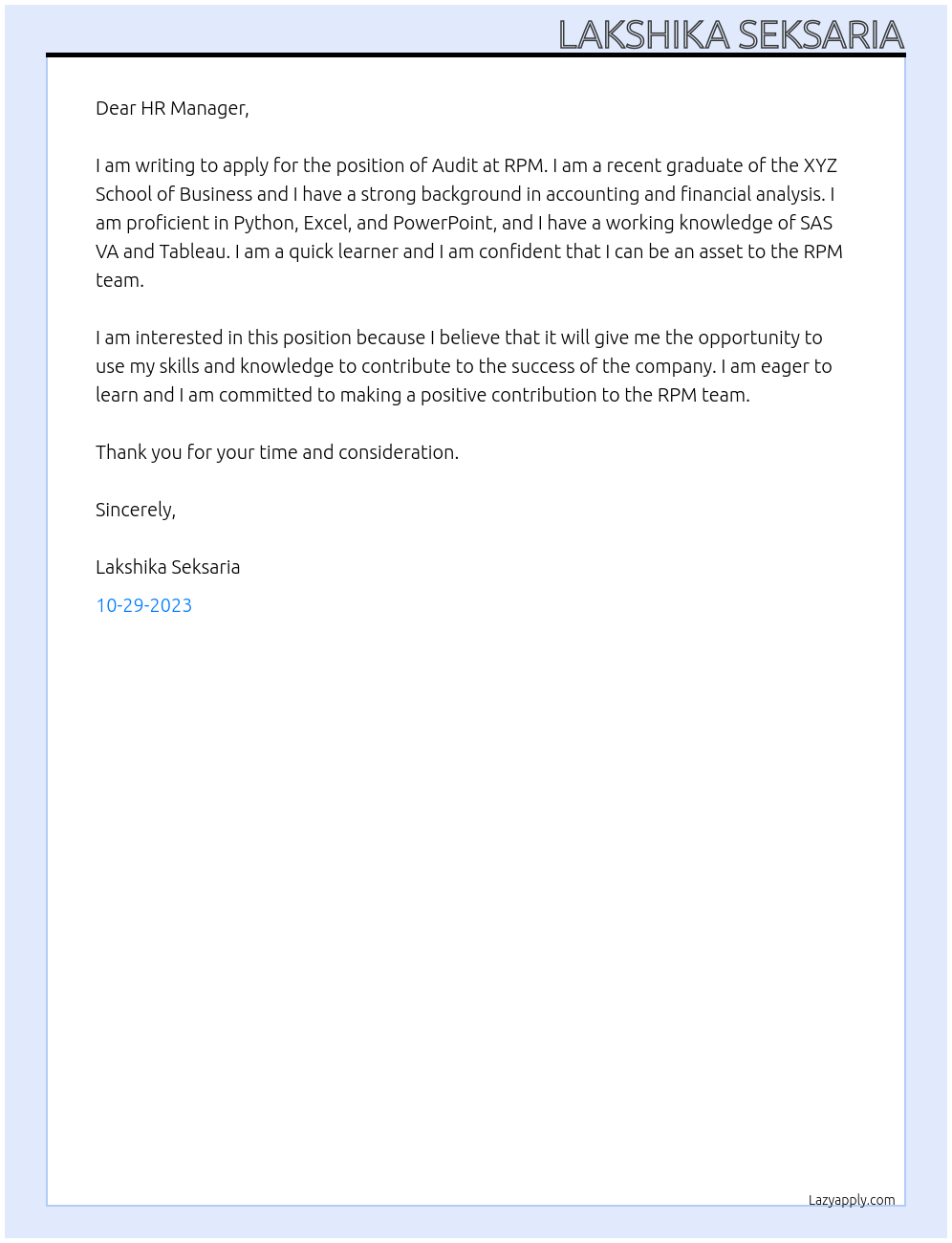 Audit At RPM Cover Letter