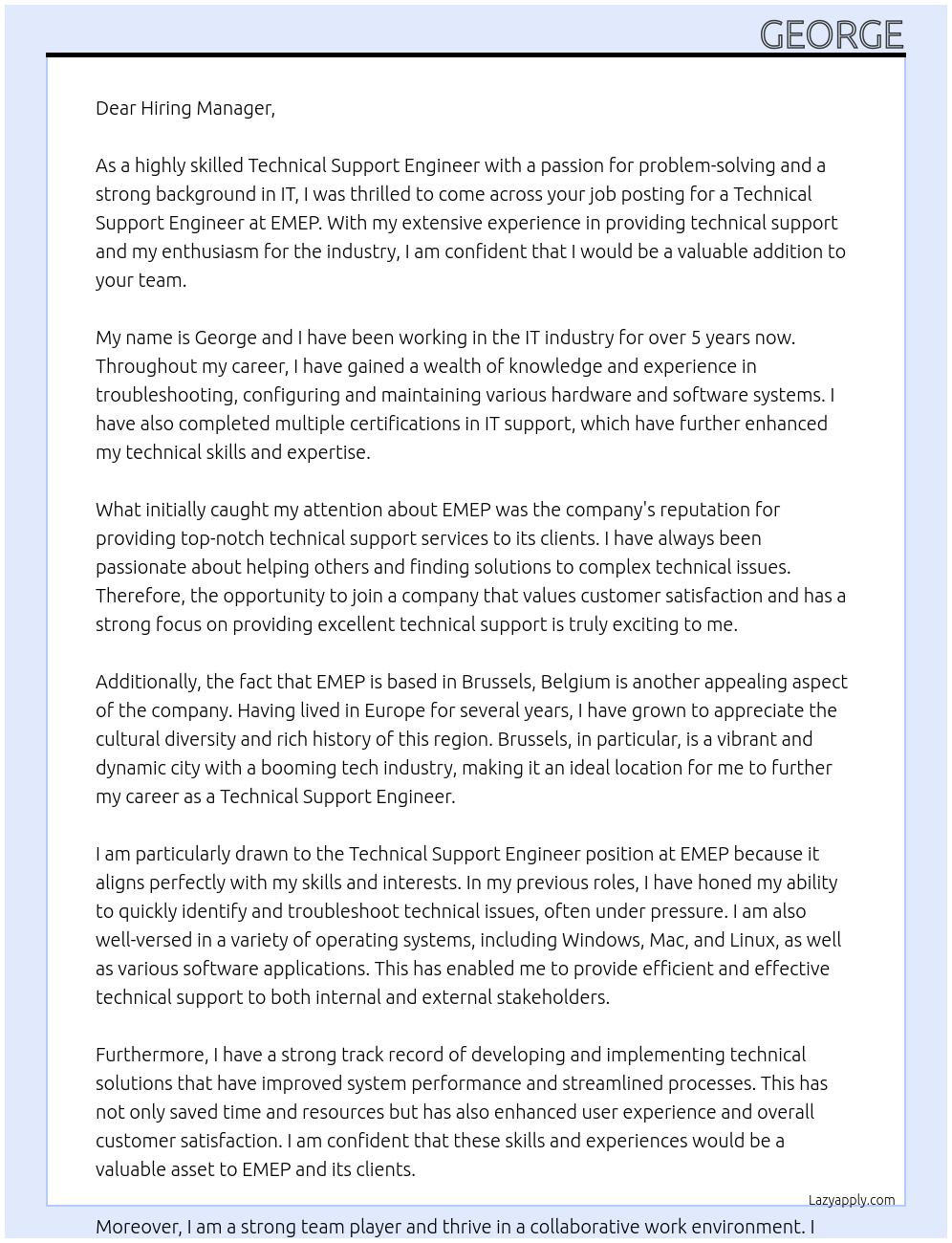 Technical Support Engineer At EMEP Cover Letter