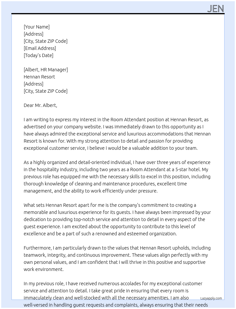 Room Attendant  At Hennan Resort Cover Letter