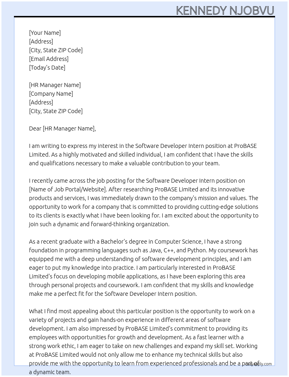 Software Developer Intern At ProBASE Limited Cover Letter